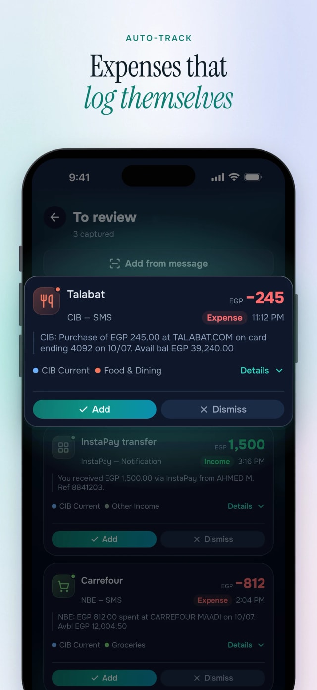 Expenses that log themselves: a bank SMS captured, one tap to confirm