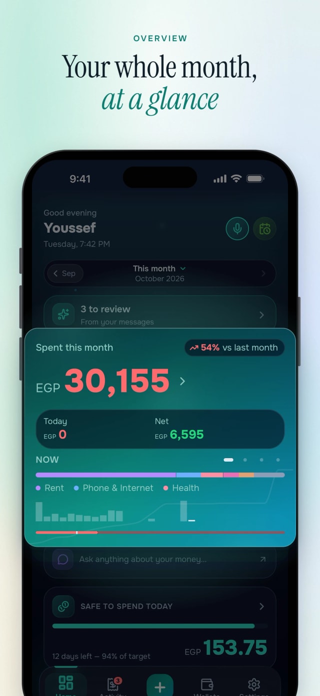 Your whole month at a glance: spent, net and pace